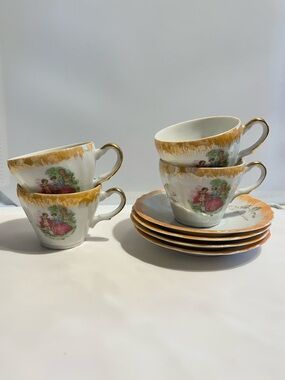 Vintage Porcelain Tea Cup and Saucer Set in Gold and Pink Japan